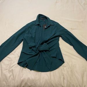 NEW Pretty Little Thing long sleeve tie front blouse- green (12)